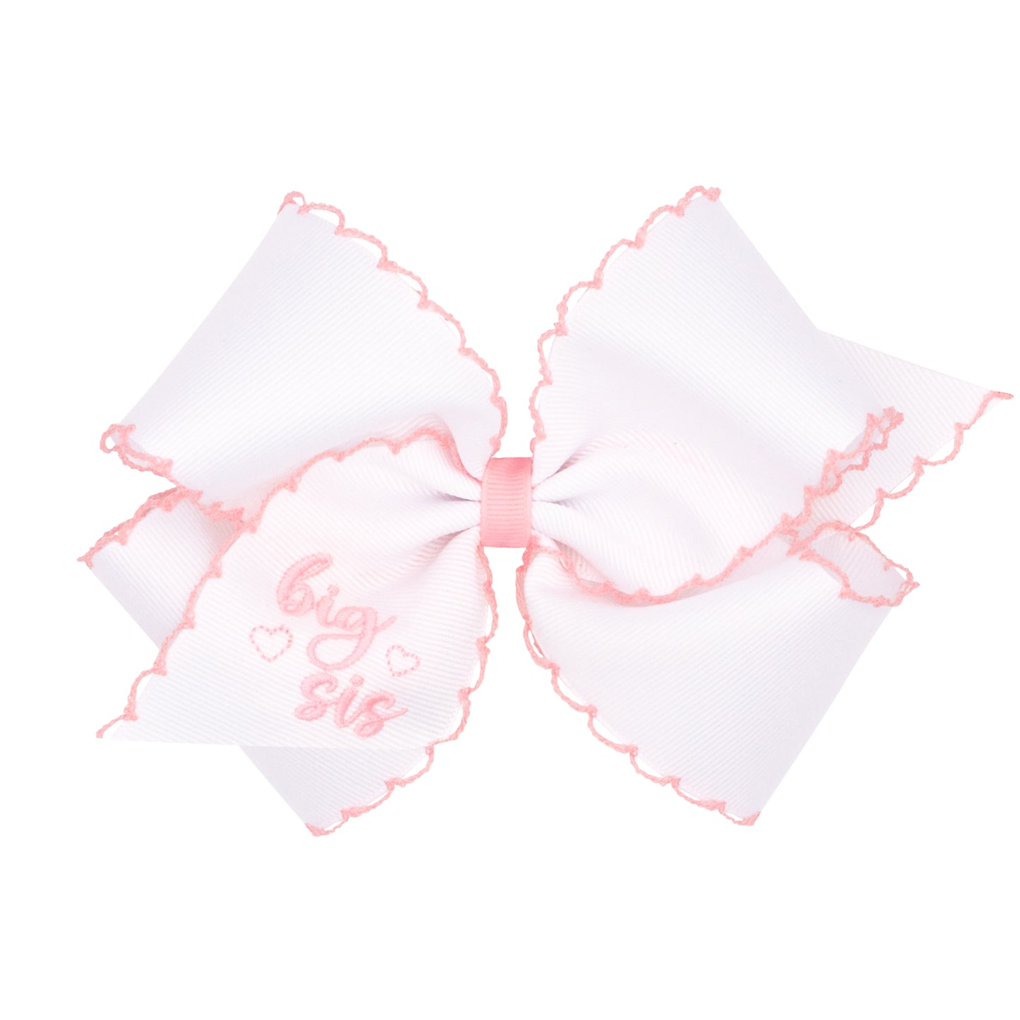 King "Big Sis" Embroidered Grosgrain Hair Bow with Light Pink Moonstitch Edge