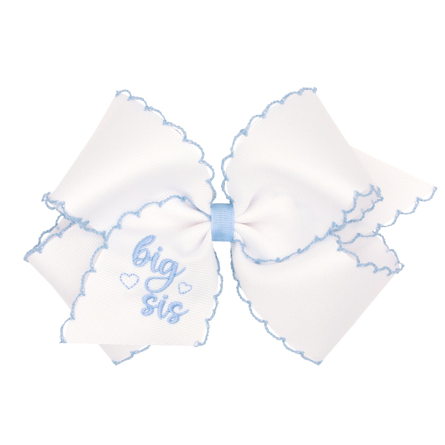 King "Big Sis" Embroidered Grosgrain Hair Bow with Millennium Blue Moonstitch Edge