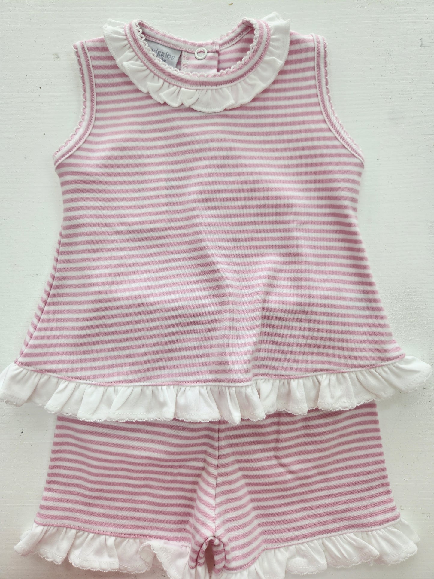 Light Pink Stripe Ruffle Neck Short Set