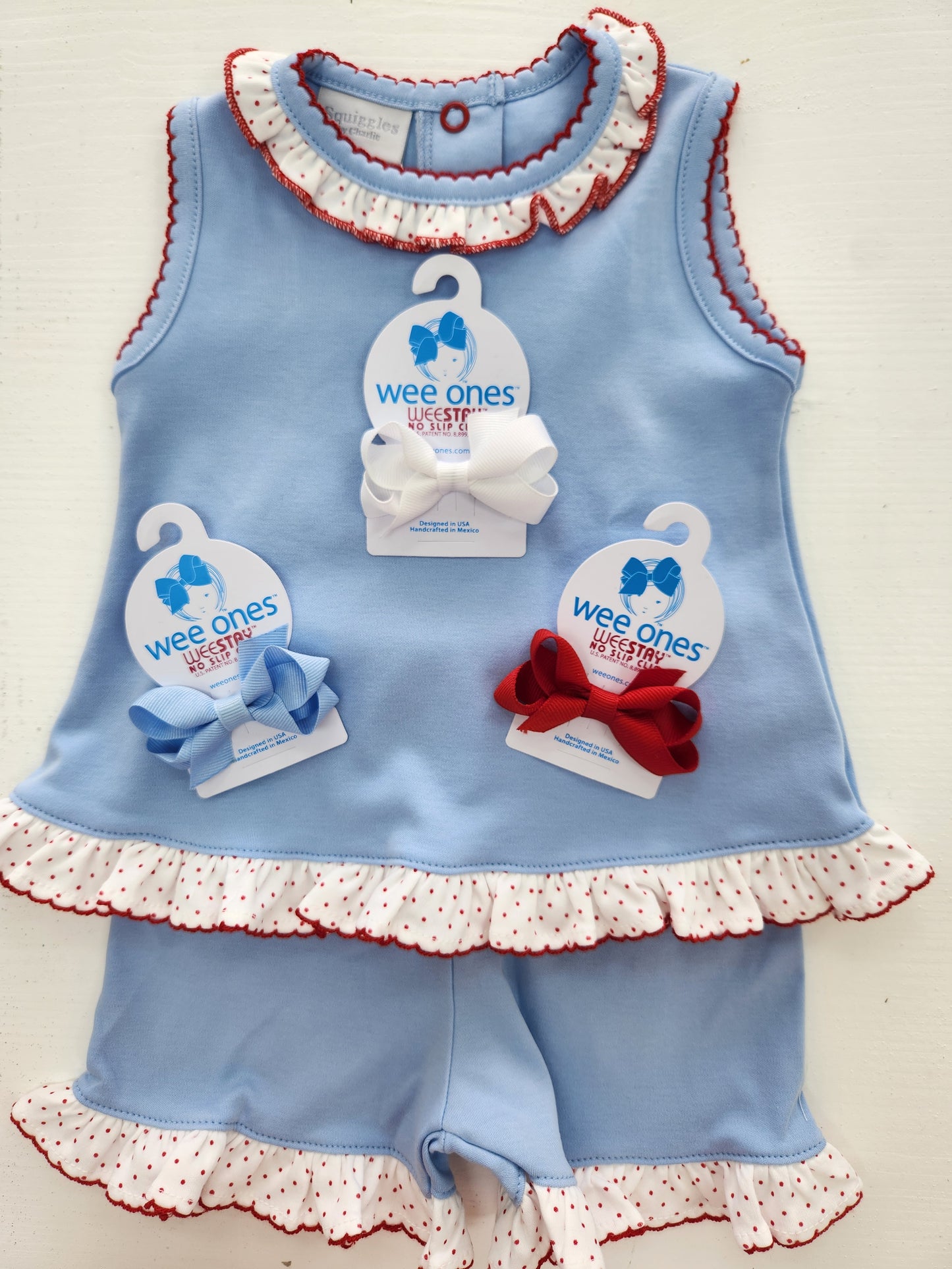 Blue with Red Dot Ruffle Neck Short Set