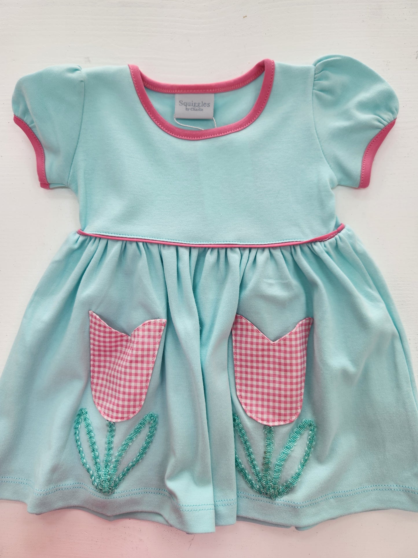 Aqua Dress with Pink Gingham Tulip Pockets