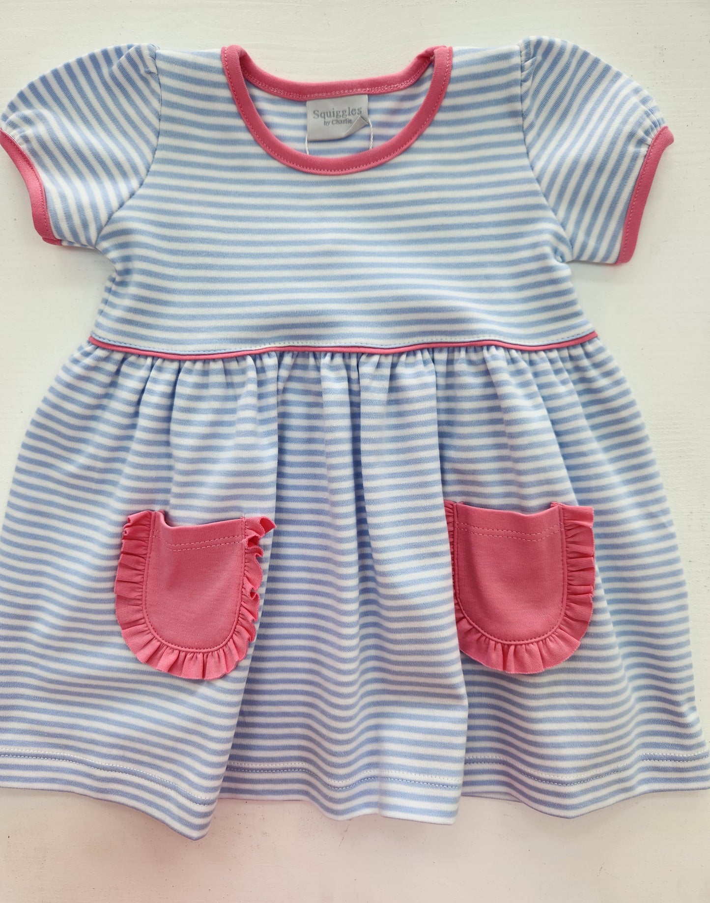 Light Blue Stripe Popover Dress with Ruffle Pockets