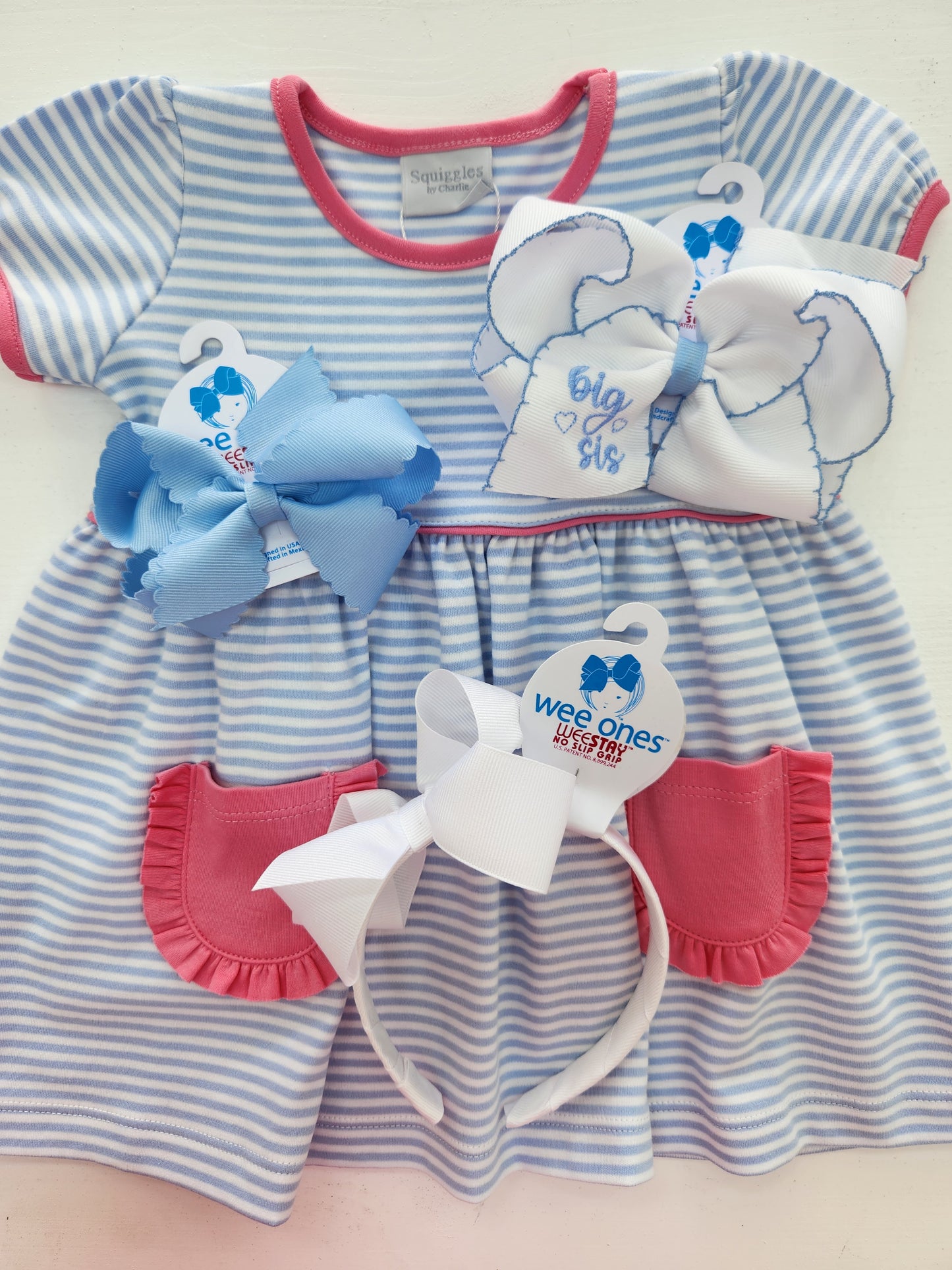 Light Blue Stripe Popover Dress with Ruffle Pockets
