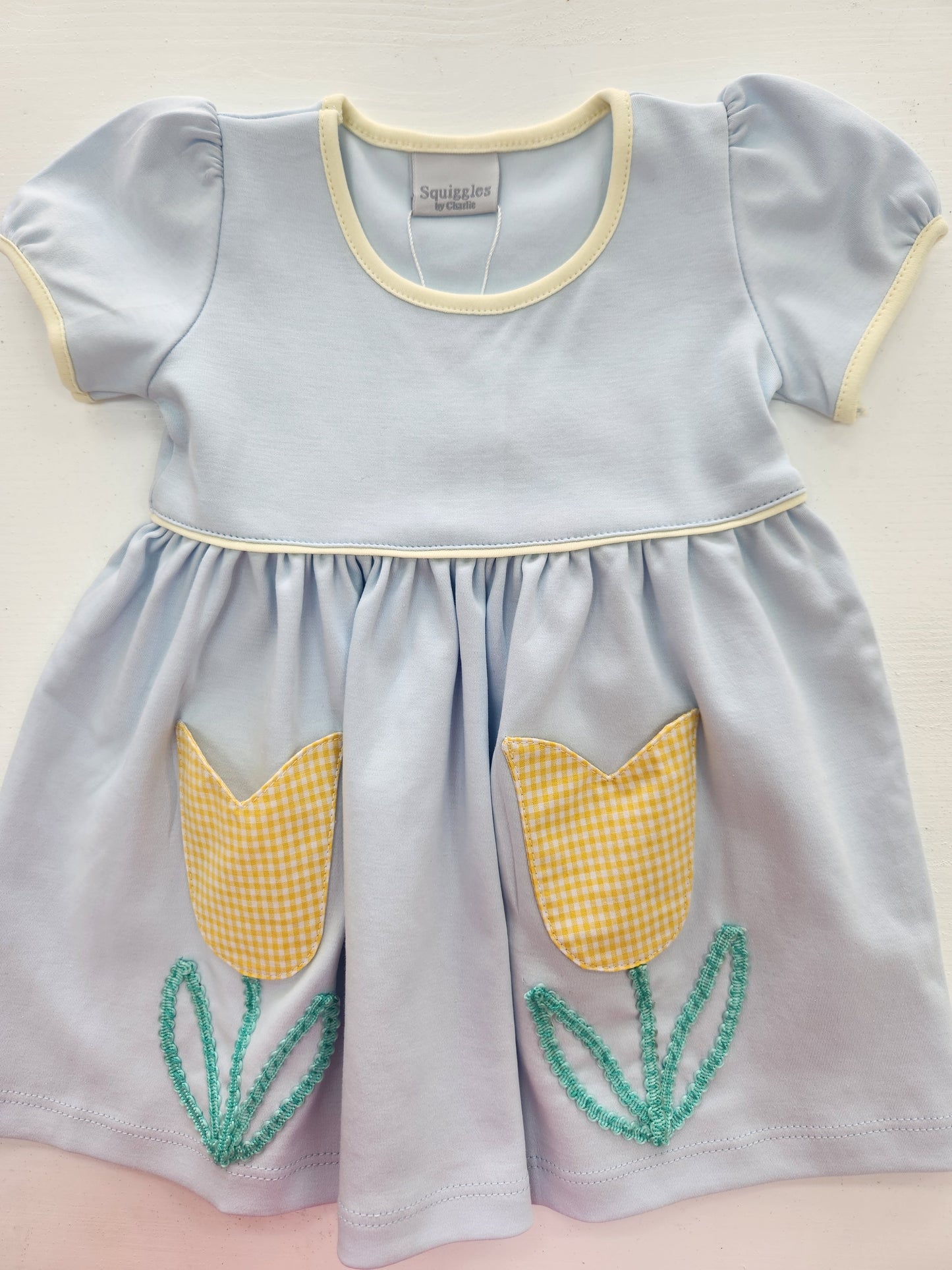 Light Blue Dress with Yellow Gingham Tulip Pockets