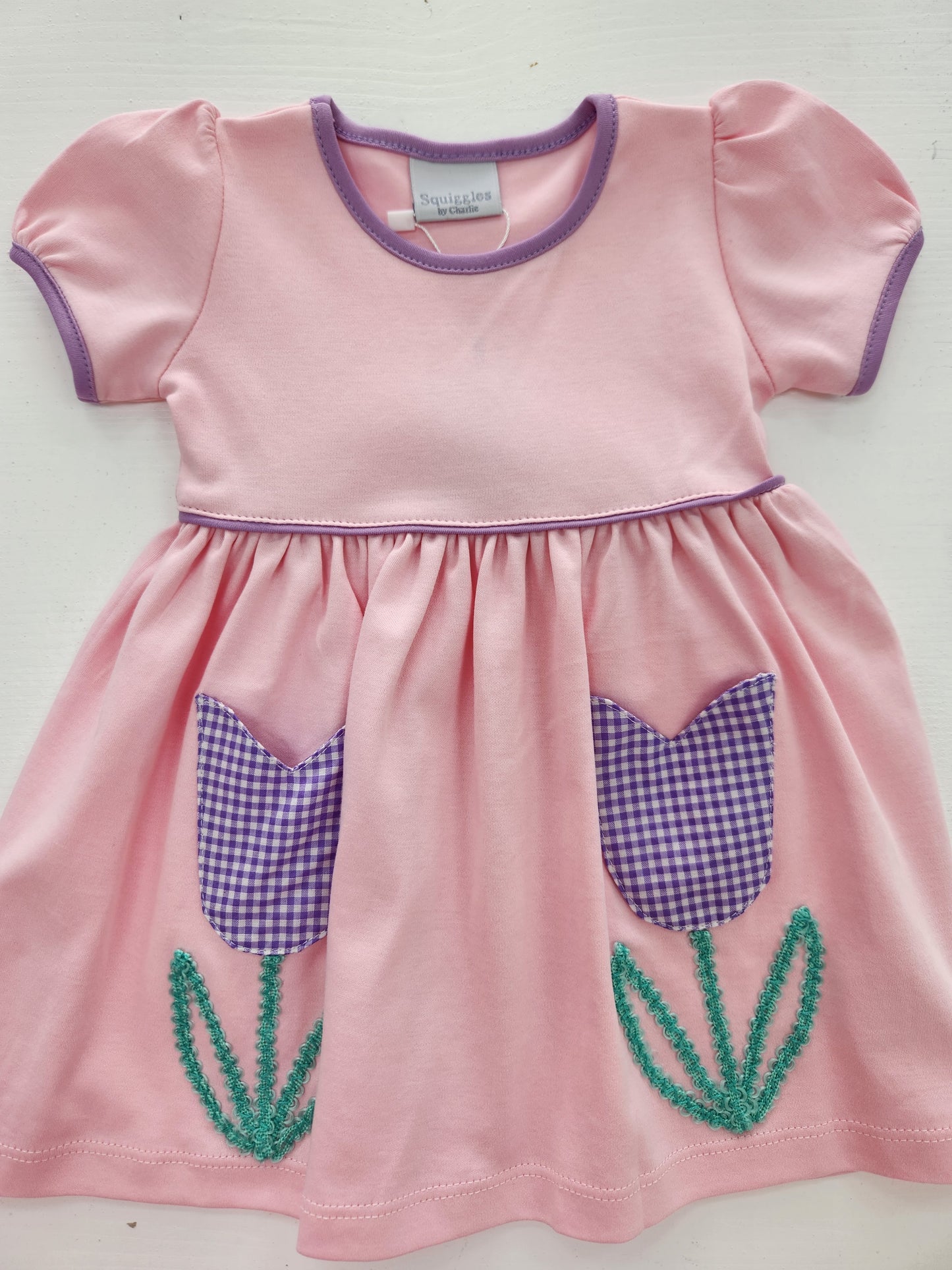Pink Dress with Lilac Gingham Tulip Pockets