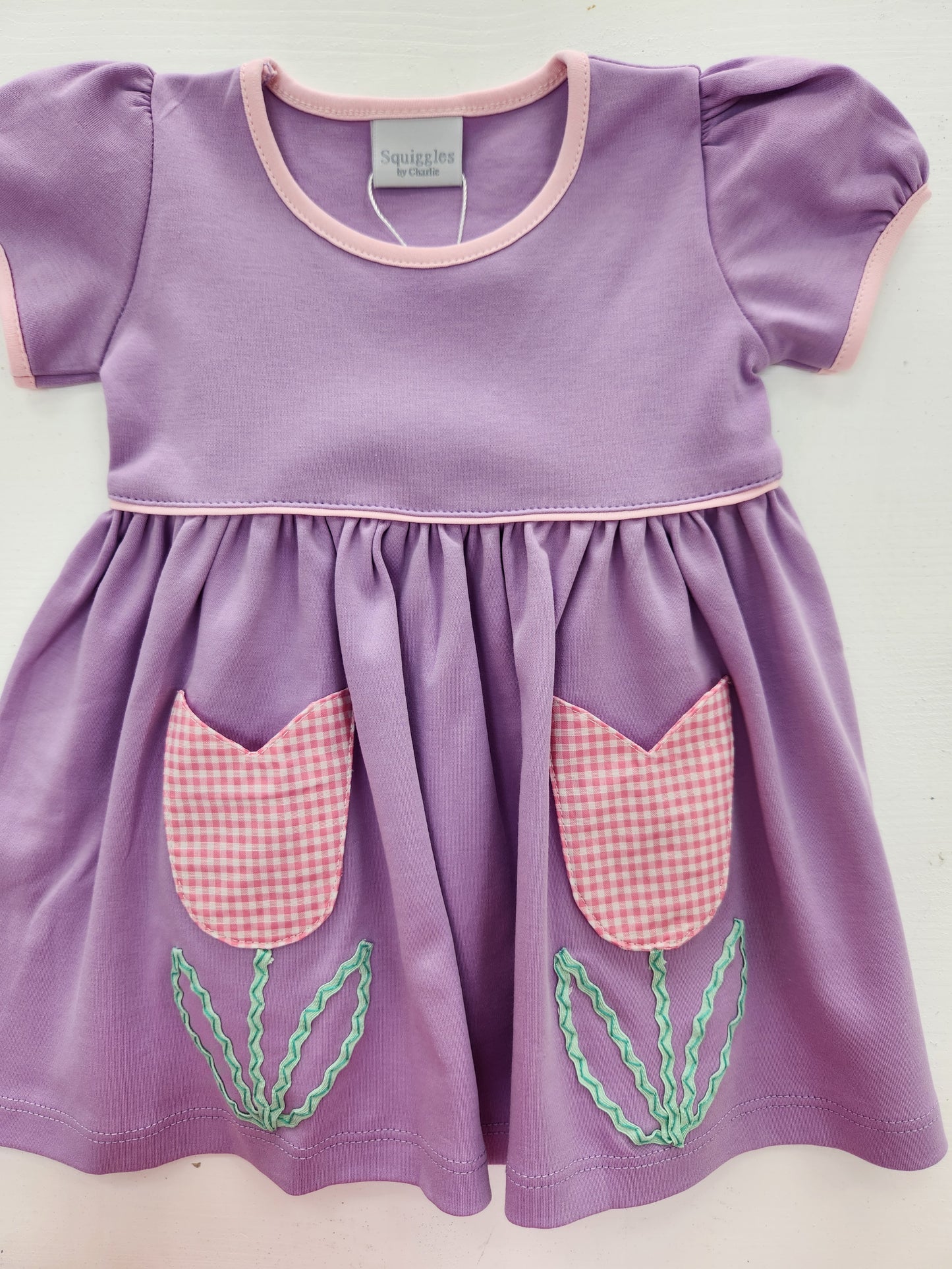 Lilac Dress with Pink Gingham Tulip Pockets