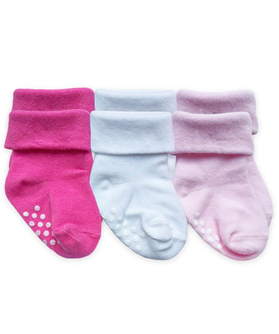 Non-Skid Turn Cuff Socks 3 Pair Pack- Girls Multi