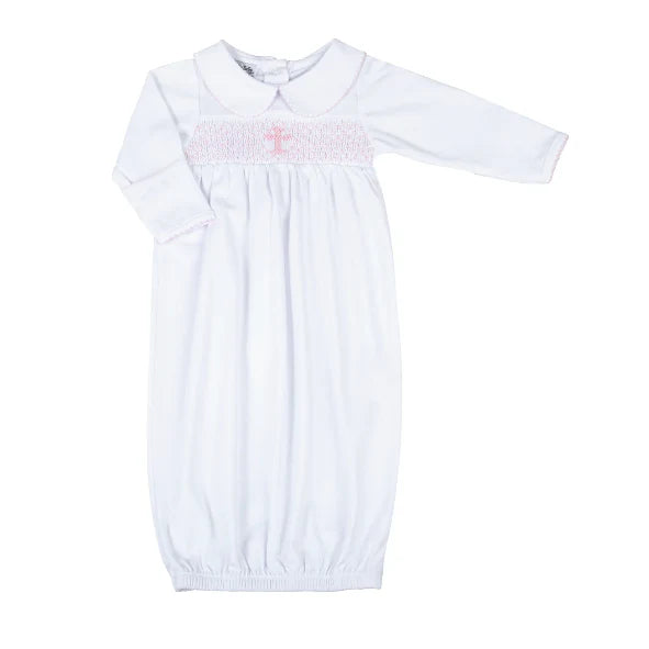 Blessed Smocked Long Sleeve Gown- Pink