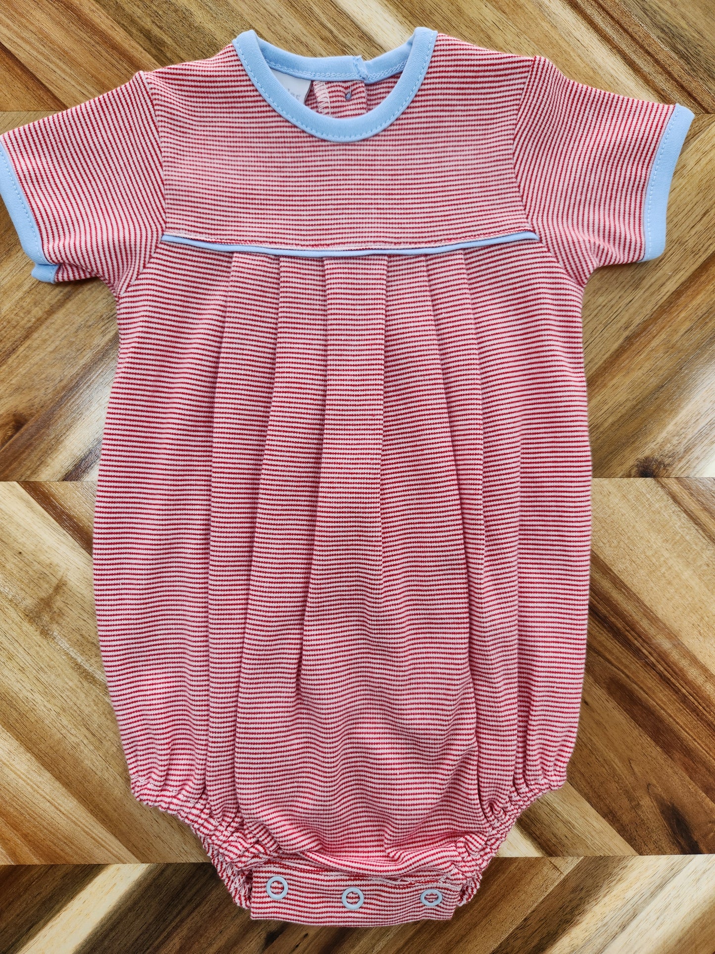 Pleated Romper- Red/White Stripe & Medium Blue Trim