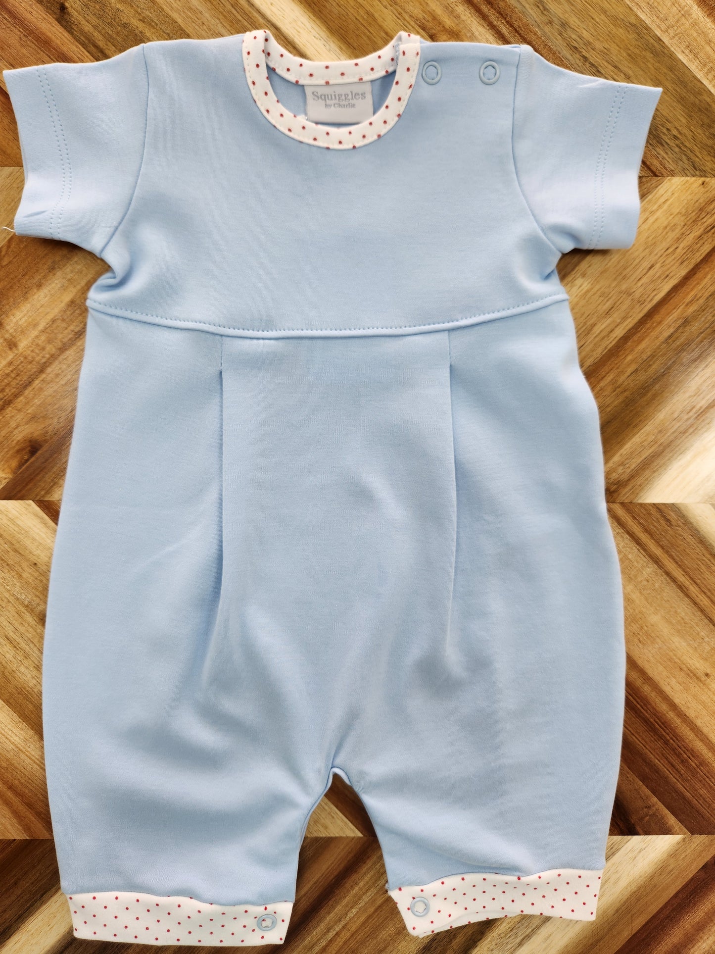 Romper- Medium Blue & Red Dot Trim