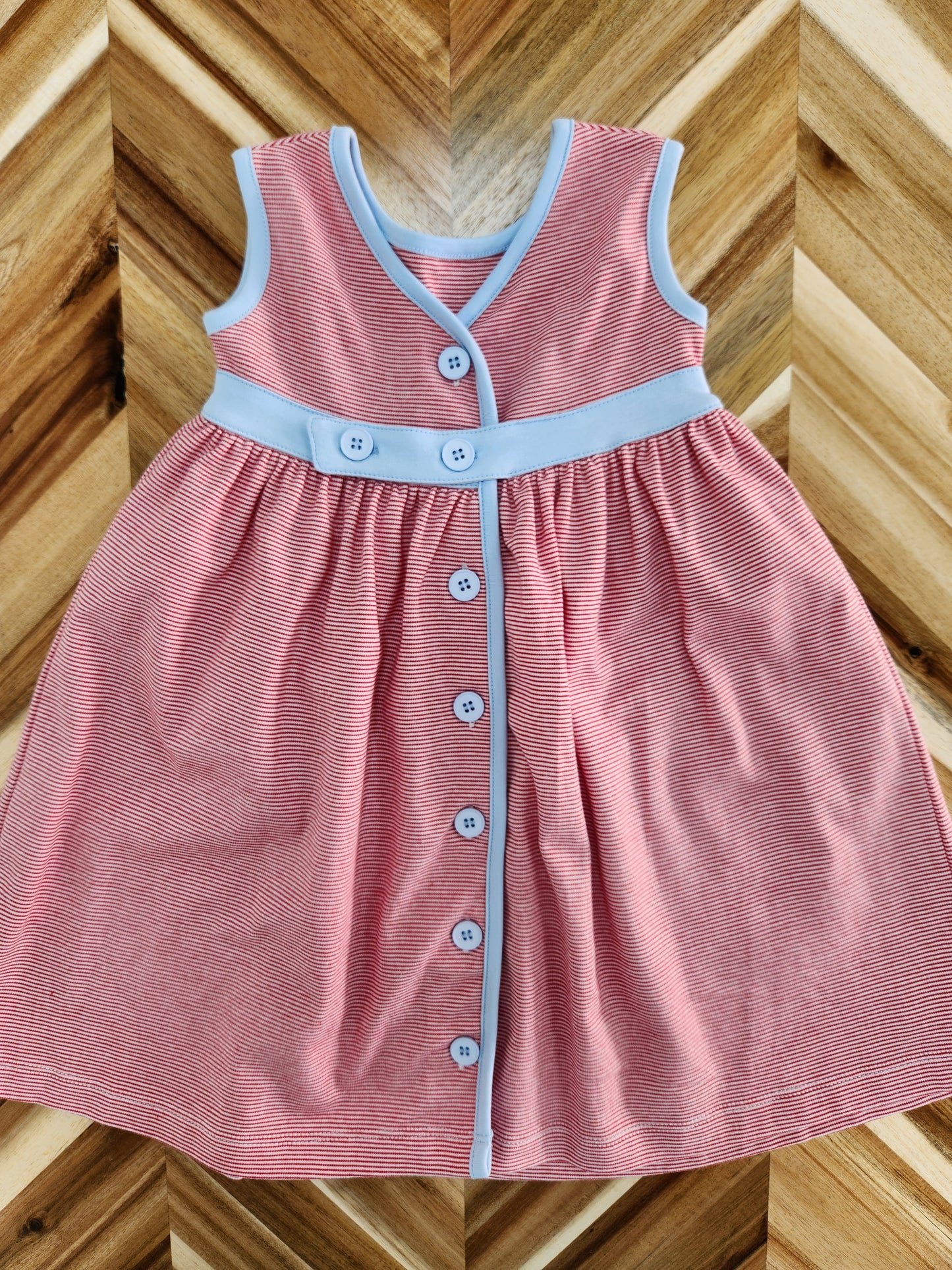 Button Back Sundress- Red/White Stripe & Blue Trim