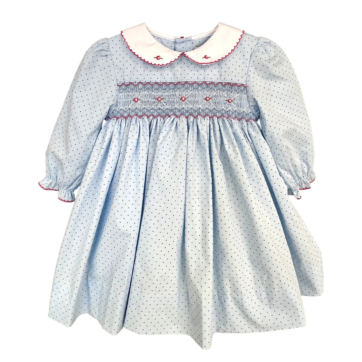 Blue Dot Print Dress with Corded Smocking