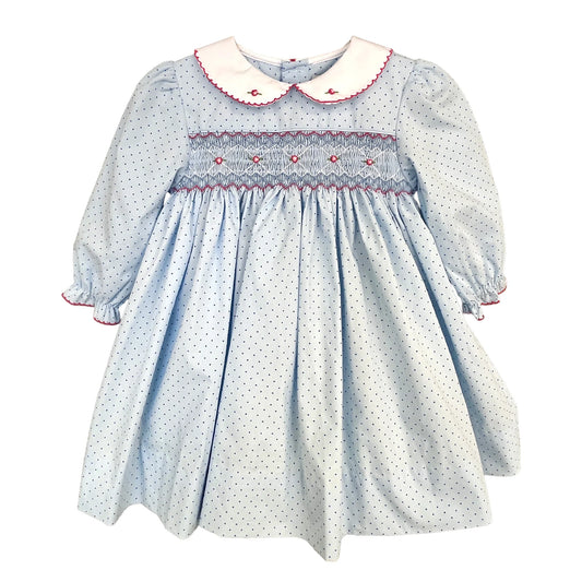 Blue Dot Print Dress with Corded Smocking