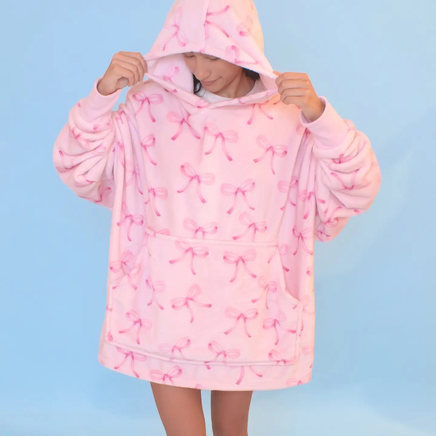 Fleece Blanket Hoodie- Pink Bow