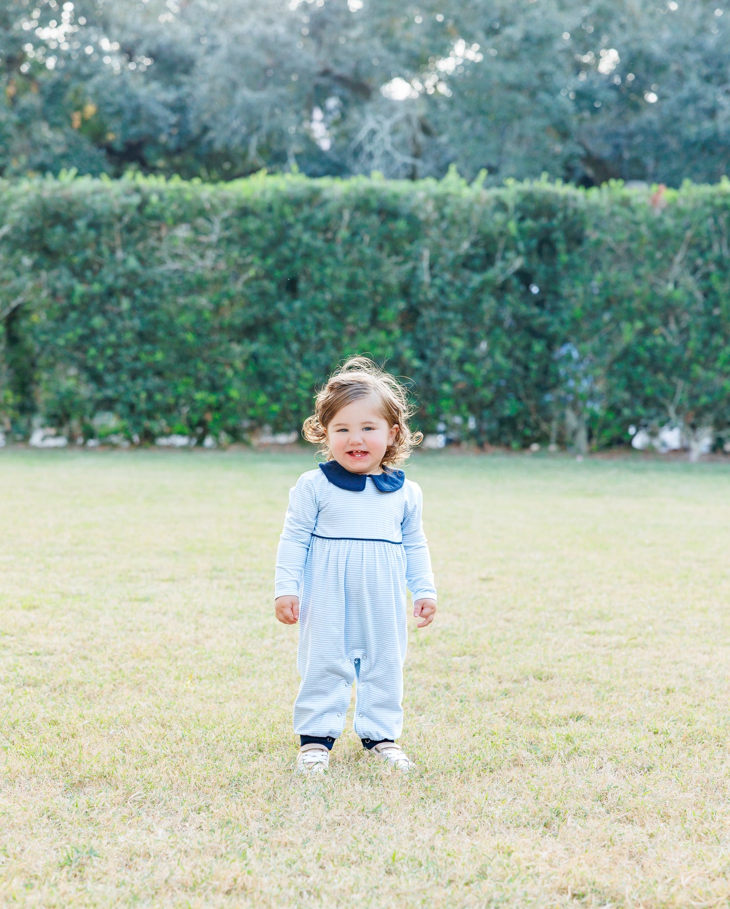 Gabriel Romper- Light Blue Stripe/Navy