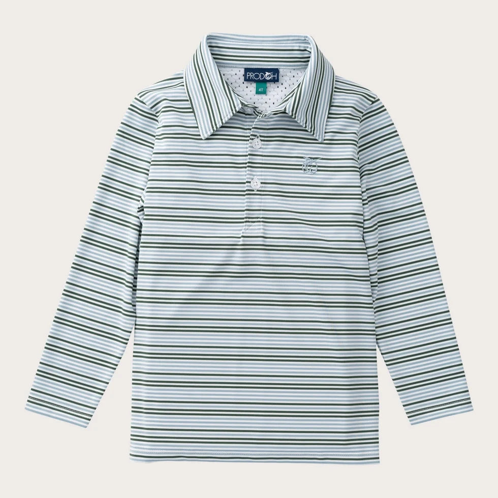 Boys LS Performance Polo Arona Blue/Camping Green Stripe