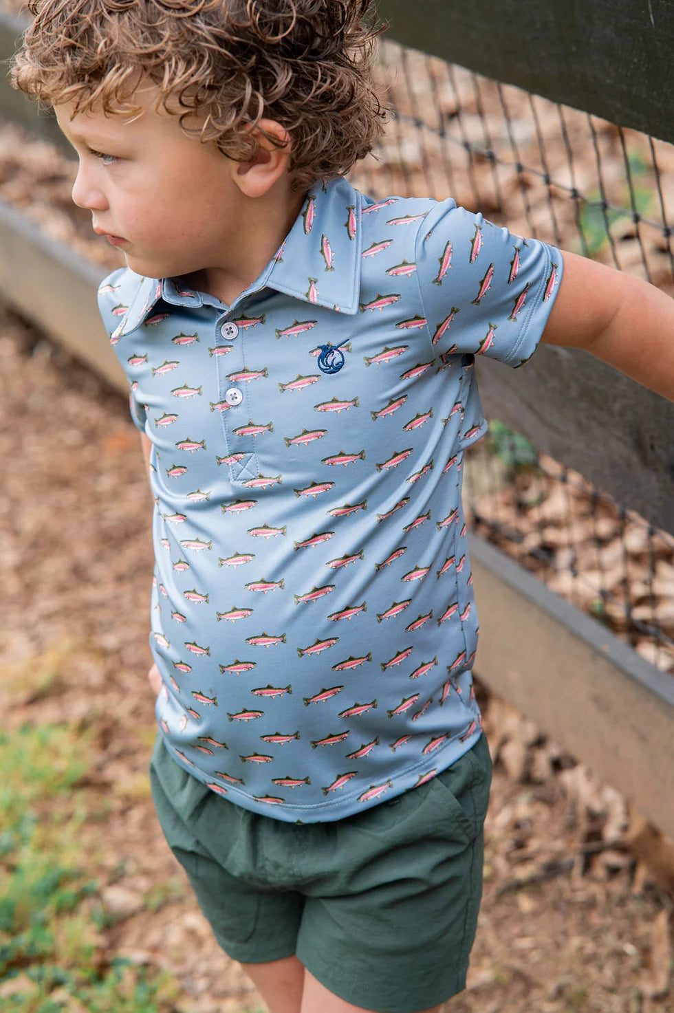 Boys' Short Sleeve Pro Performance Polo Shirt in Rainbow Trout Print