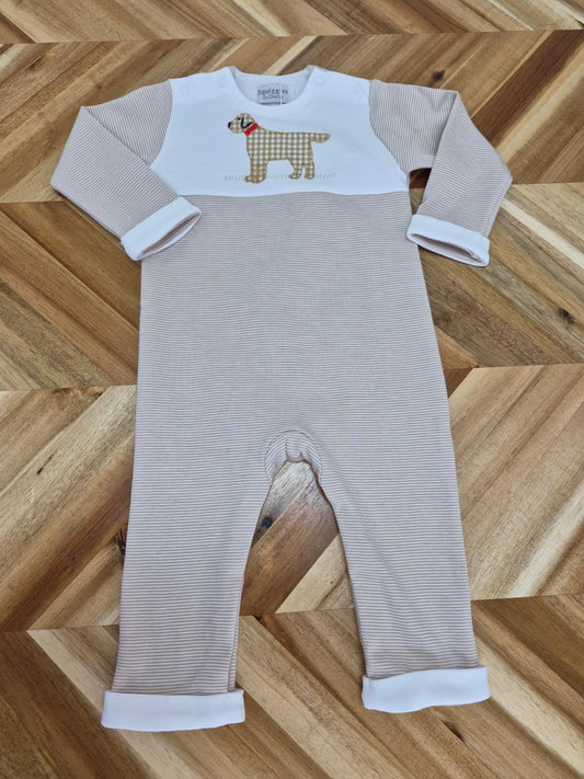 Winston Romper- Tan Stripe/Gingham Dog
