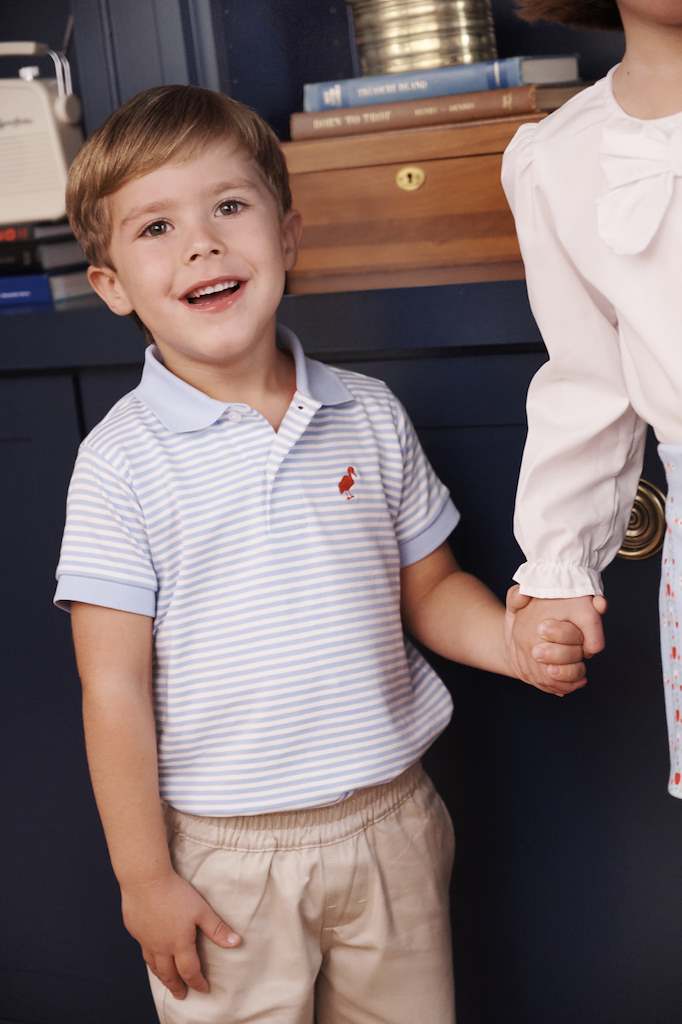 Prim & Proper Polo- Pima Beale Street Blue Stripe/Richmond Red